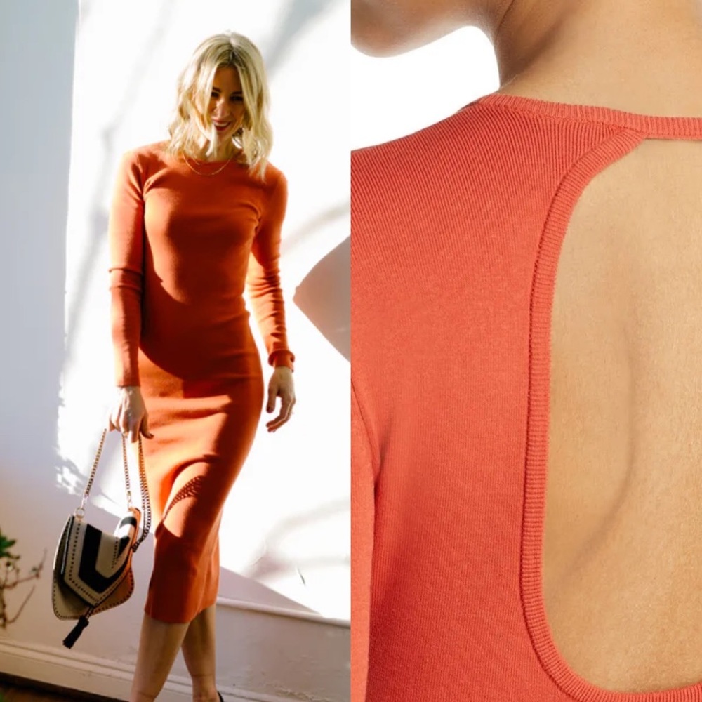 NWT A.L.C Conley Cut-Out Long Sleeve Midi Dress Small Mecca Orange Bodycon Knit - Picture 4 of 16